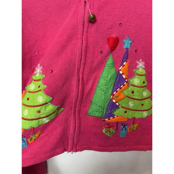 Tiara International Knit Christmas Sweater Cardigan Size XL Pink Trees Embroider - Picture 9 of 13